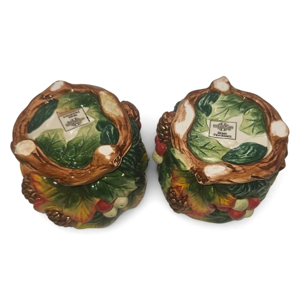 Fitz and Floyd Home Fragrance Ceramic Autumn Leaf Pinecone Votive Holders Set 2